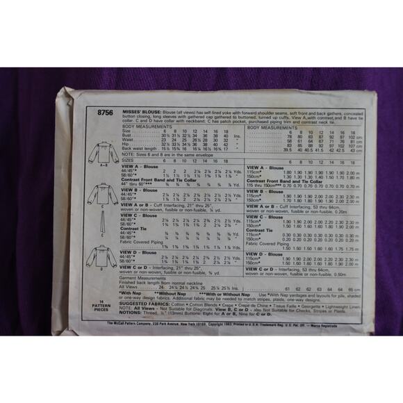 McCalls 8756 Sewing pattern blouse 1980s size 18 - Picture 3 of 6